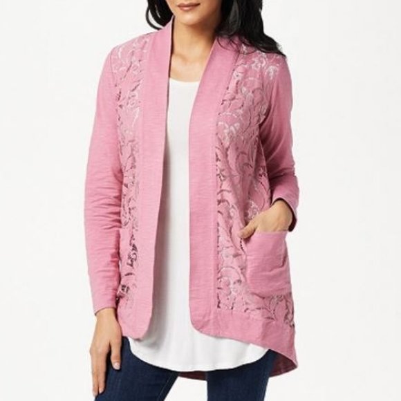 LOGO by Lori Goldstein Sweaters - LOGO Open Front Slub Cardigan w/ Lace Detail 5084